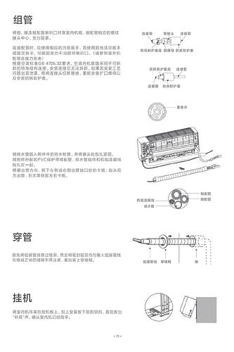 这张图片展示了一些建筑或机械设备的组成部分和结构，包括组管、穿管和挂机的相关说明及示意图。 (由 AI 生成标题)