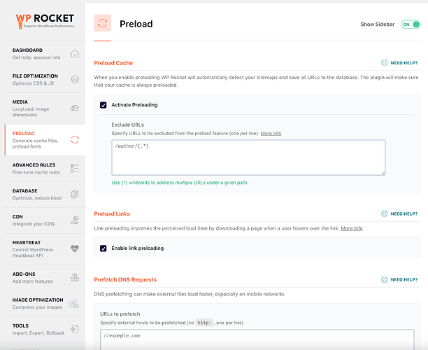 这张图片显示了WP Rocket插件的“Preload”设置界面，用户可以在这里配置缓存预加载和链接预加载的选项。 (由 AI 生成标题)