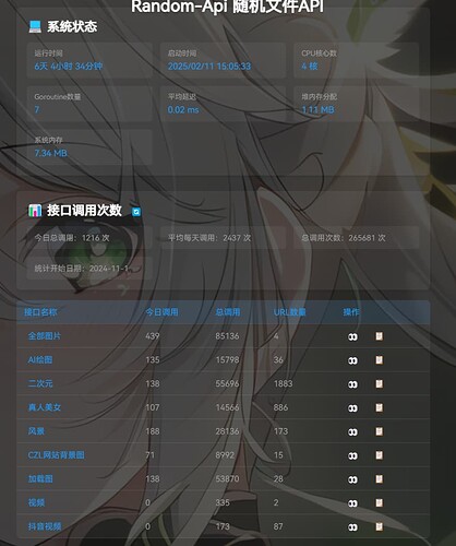 这张图片显示了一个名为Random-Api的系统状态界面，包括运行时间、接入调用次数及各接口的使用情况统计。 (由 AI 生成标题)