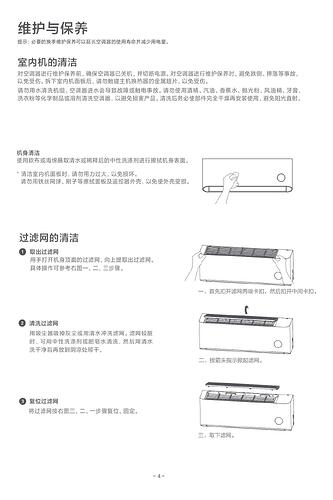 这张图片展示了空调设备的维护与清洁指南，包括室内机的清洁、滤网的取出、清洗和再安装步骤。 (由 AI 生成标题)