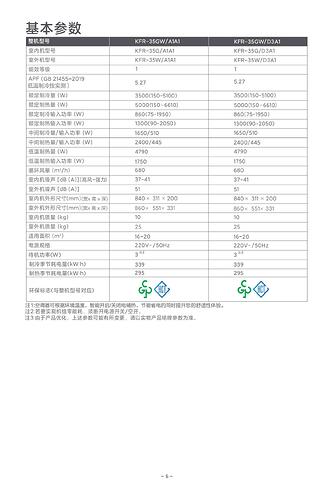 这张图片包含了关于KFR-35GW/A1A1和KFR-35GW/D3A1空调型号的基本参数和技术规格表。 (由 AI 生成标题)