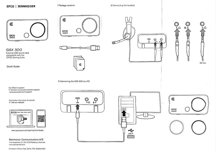 这是一张关于EPOS SENNHEISER GSX 300音频设备的连接和充电说明图。 (由 AI 生成标题)