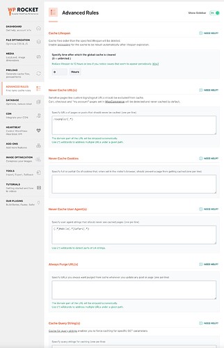 这是一张显示WP Rocket插件高级规则设置的界面截图，包括缓存设置、排除的URL、Cookies、用户代理等选项。 (由 AI 生成标题)