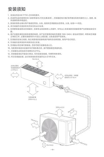 这是一份包含空调安装要求和示意图的说明书。 (由 AI 生成标题)