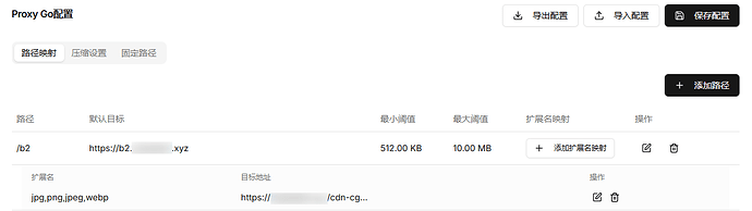 这是一个关于Proxy Go配置的界面，显示了路由映射、压缩设置和静态路径等信息。 (由 AI 生成标题)